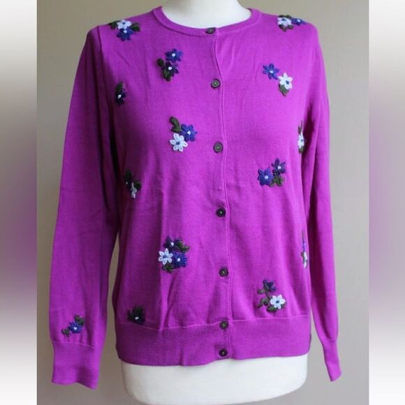 Lands’ End Purple Embroidered Floral Cardigan Sweater 100% Cotton Size Small - Picture 2 of 8